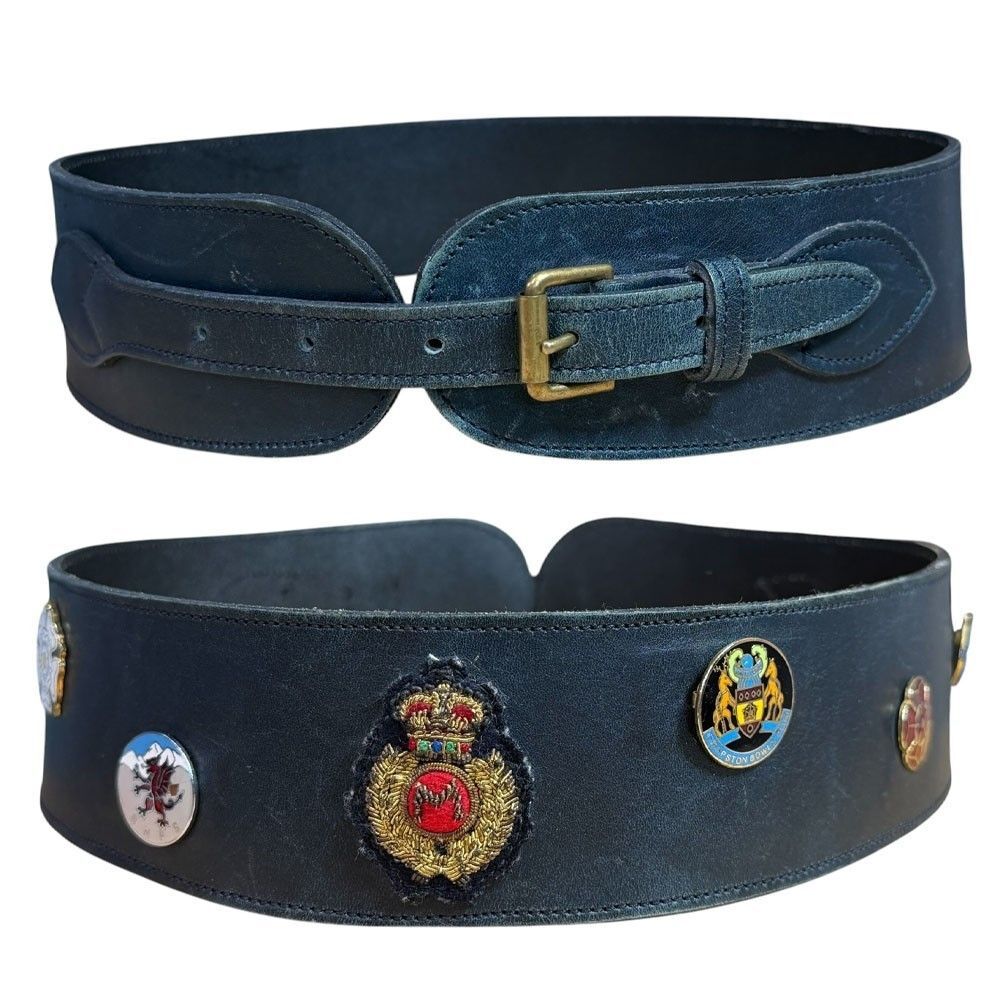 Vintage 70s Mulberry Black Leather Stable Trophy Belt w/ British Heraldry Badges